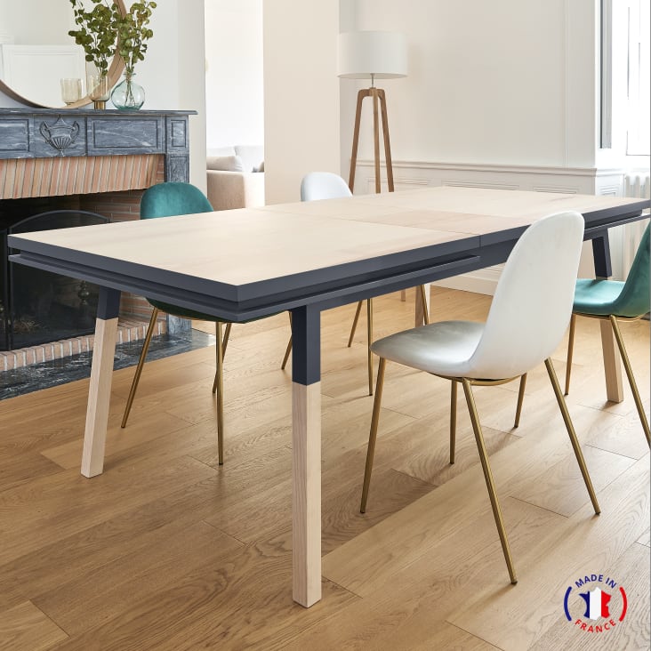 Table 160x100 cm en frêne massif, 2 rallonges bleu sombre de rance-Egee cropped-4