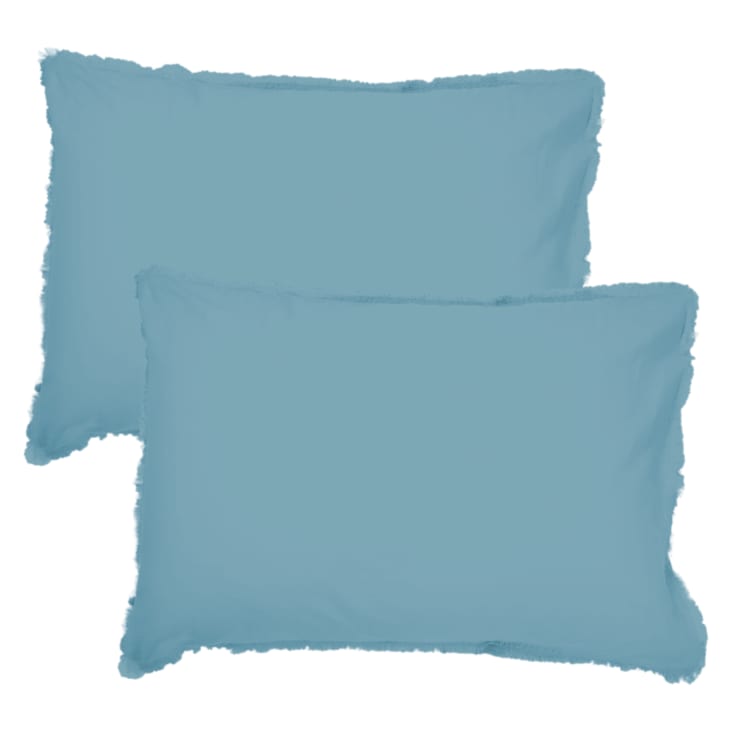 Set de 2 taies d’oreiller unies en coton lavé Bleu Glacier 65x65cm-Coton lavé cropped-2