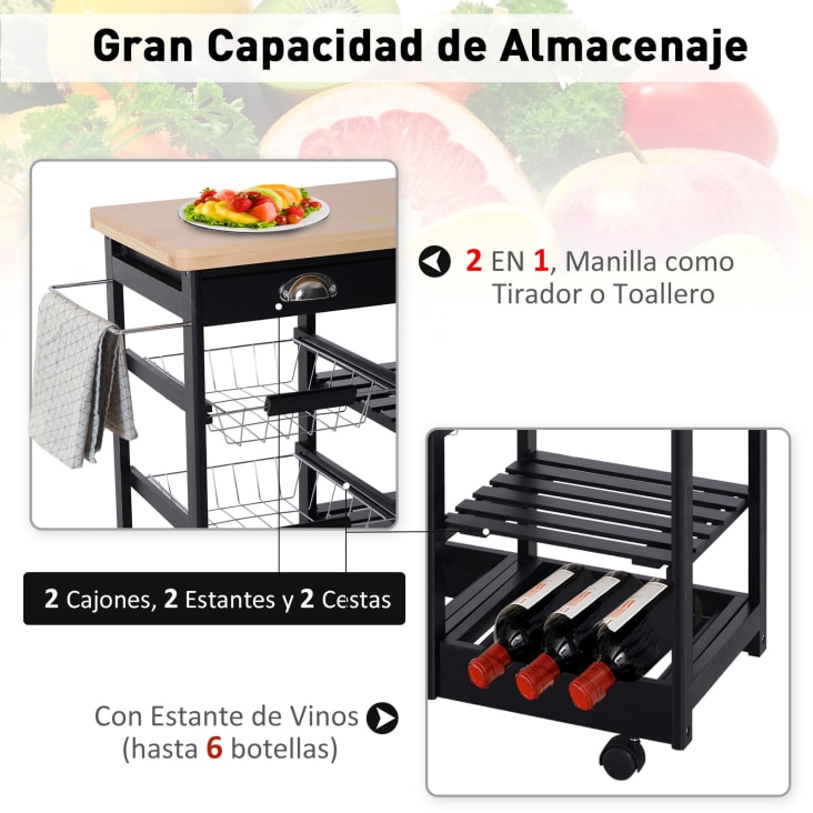 Carro de cocina Carrito Auxiliar de Madera 74x37x76cm-Negro