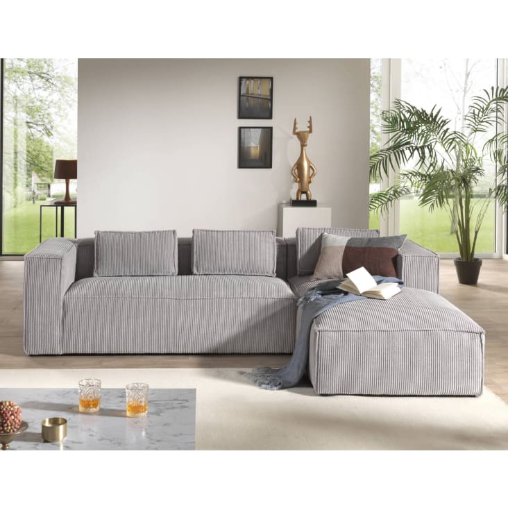 Canapé d'angle droit 4 places en velours côtelé gris clair-Stella cropped-3