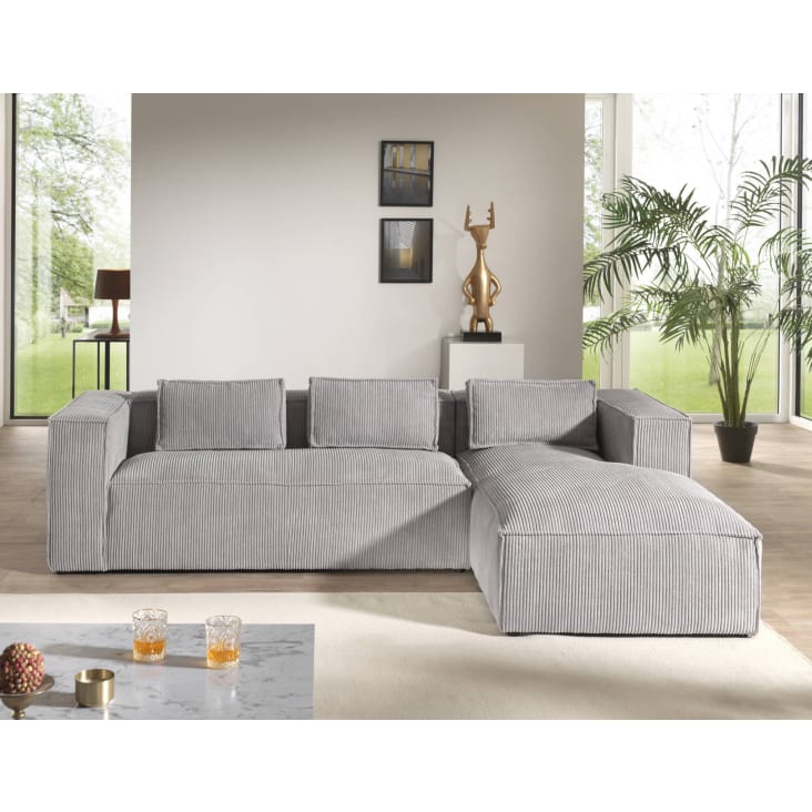 Canapé d'angle droit 4 places en velours côtelé gris clair-Stella cropped-6