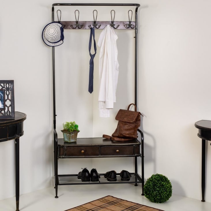 Recibidor de metal negro con perchas 84x38x181