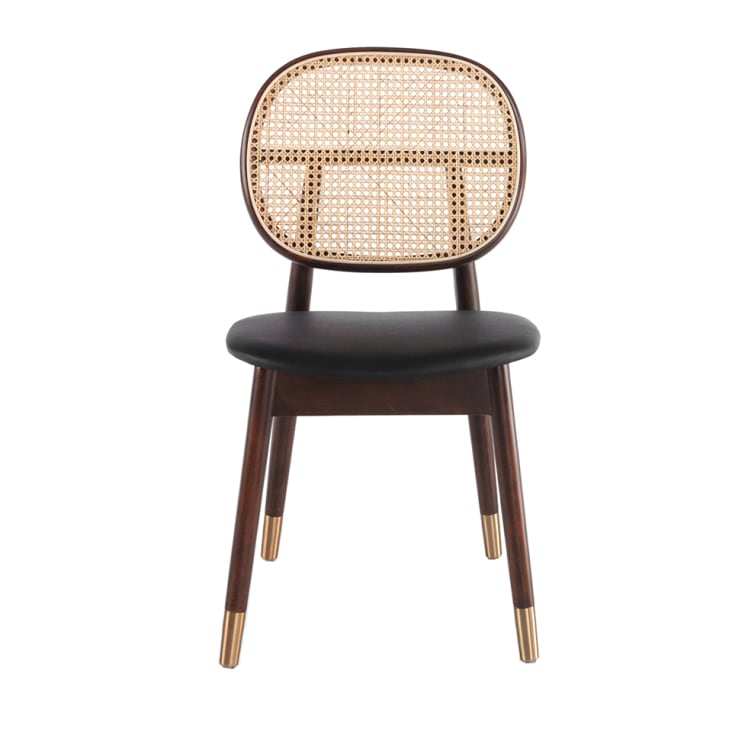 Chaise en rotin, croûte de cuir et pieds effet bois noyer cropped-3