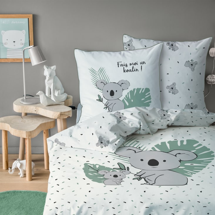 Parure de lit imprimée en coton Ecru 140x200+63x63cm-Koalas