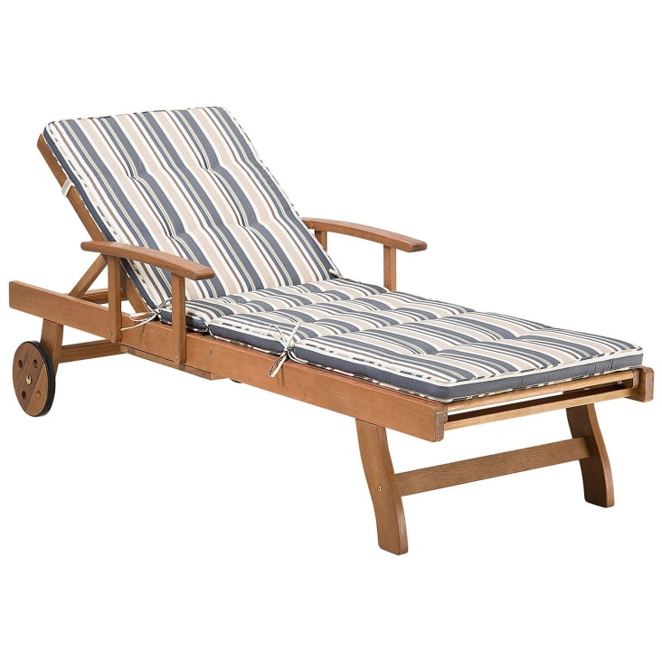 Chaise longue en bois naturel et coussin rayé bleu beige-Java