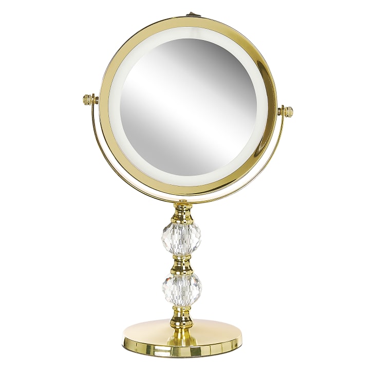 Espejo de maquillaje aislado con luces doradas. espejo en marco