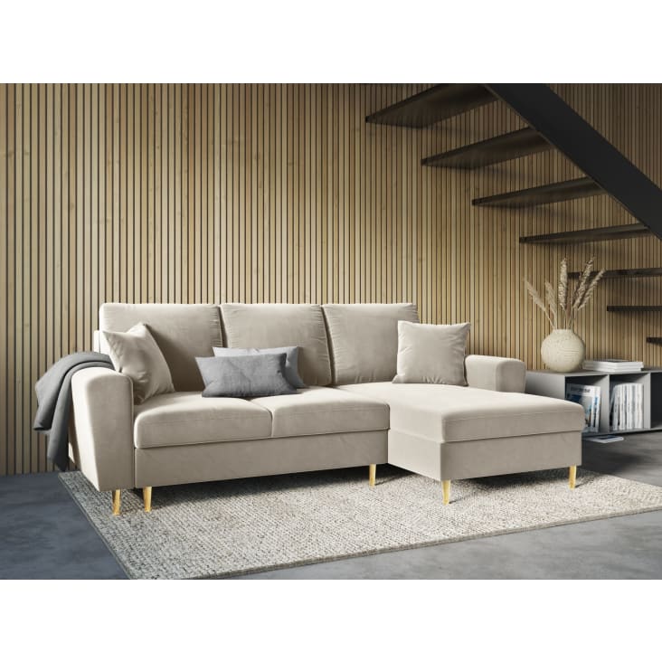 Canapé d'angle droit 4 places en tissu velours beige-Moghan cropped-4