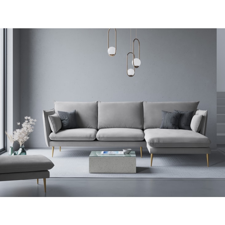 Canapé d'angle 4 places en velours gris clair-Agate cropped-2