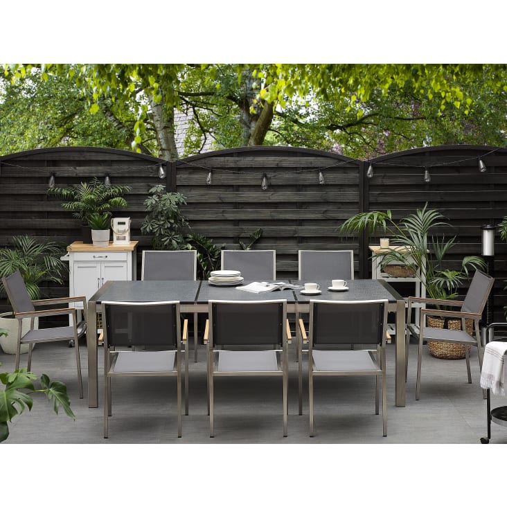 Table de jardin en granit et inox et 8 chaises en acier inox-Grosseto cropped-2