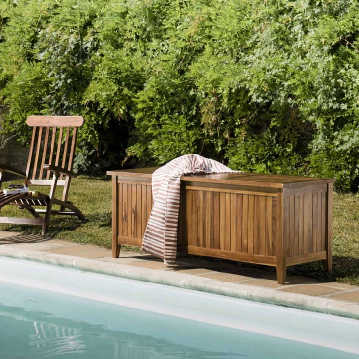 Baúl de jardín piscina de madera de teca aceitada 165x55 cm Hanna