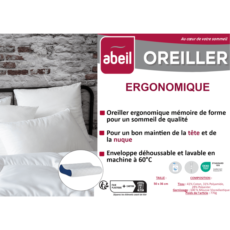 4 OREILLERS 50 X 70 cm A MÉMOIRE DE FORME ERGONOMIQUE / OREILLER