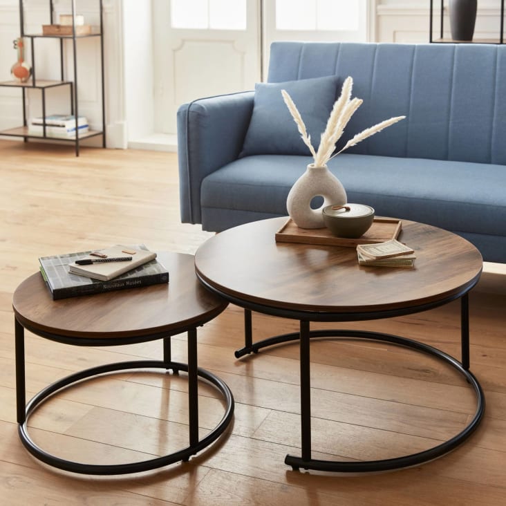 Nido redondo de mesas, juego de 2 mesas auxiliares para sala de estar,  estilo industrial 1.0 in de grosor, mesa de noche de nogal con patas de  metal