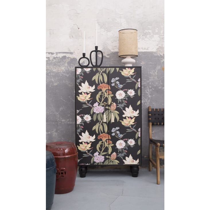 Buffet armoire en pin massif imprimé floral sur fond noir-JARA cropped-2
