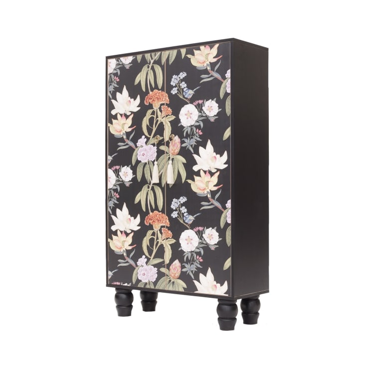 Buffet armoire en pin massif imprimé floral sur fond noir-JARA cropped-3