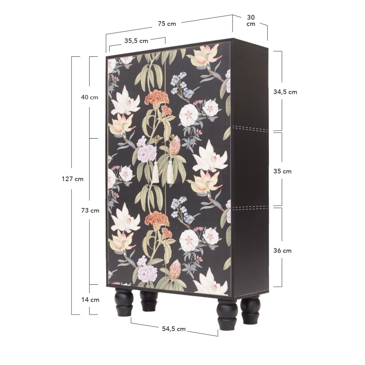 Buffet armoire en pin massif imprimé floral sur fond noir-JARA cropped-8