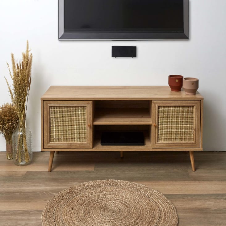 Meuble tv design 2 portes bois et rotin Hogarn - Drawer