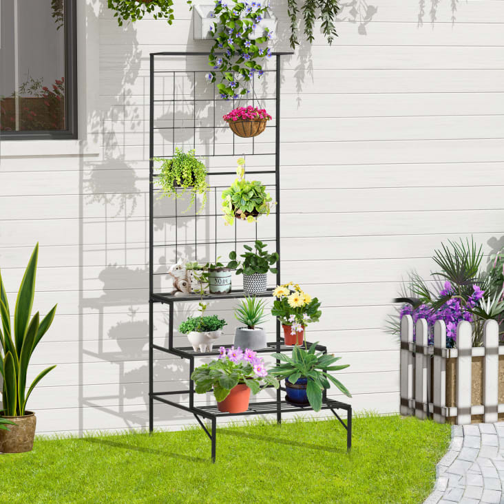 Support pour plantes avec treillis et 3 étagères escalier métal noir