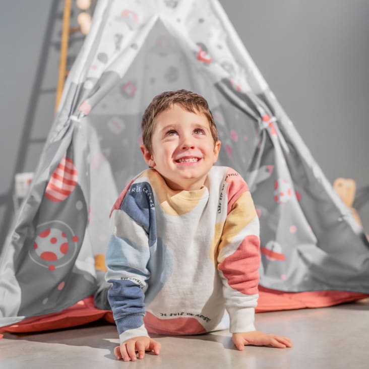 Tente tipi pour enfant en bois naturel et polyester imperméable gris