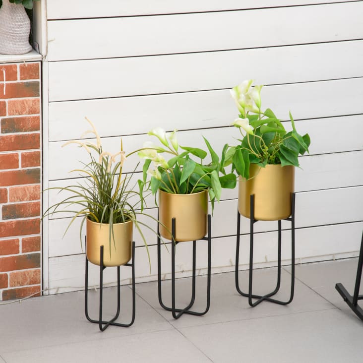 Supports de pots de fleurs design lot de 3 - métal époxy noir doré