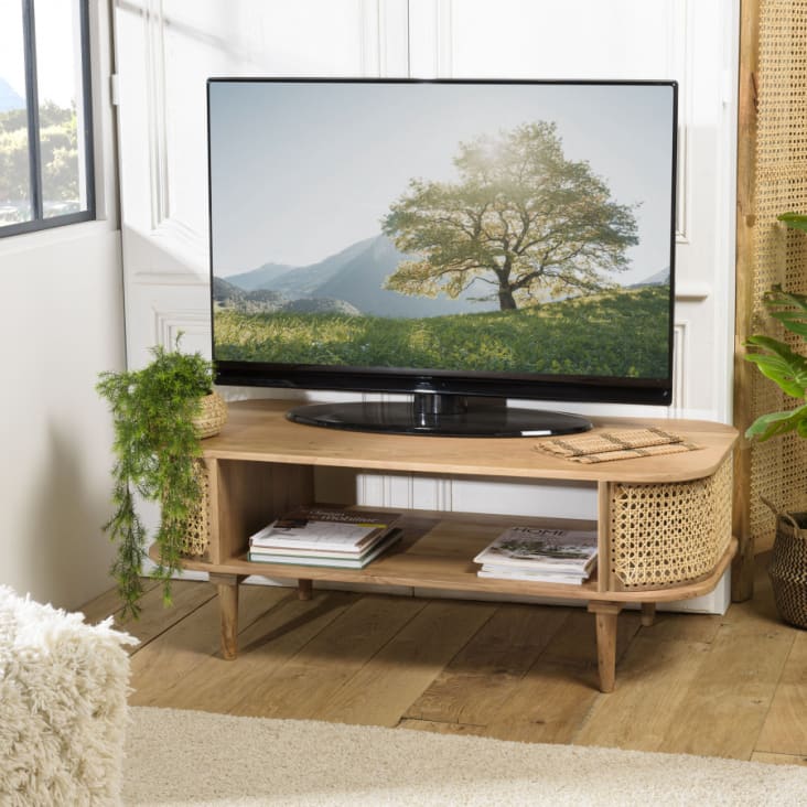 Mueble para TV blanco de madera y ratán natural con 3 cajones