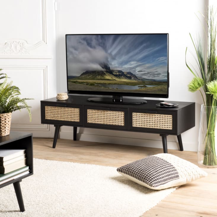 Mueble tv negro de madera con 3 cajones de ratán Emilio
