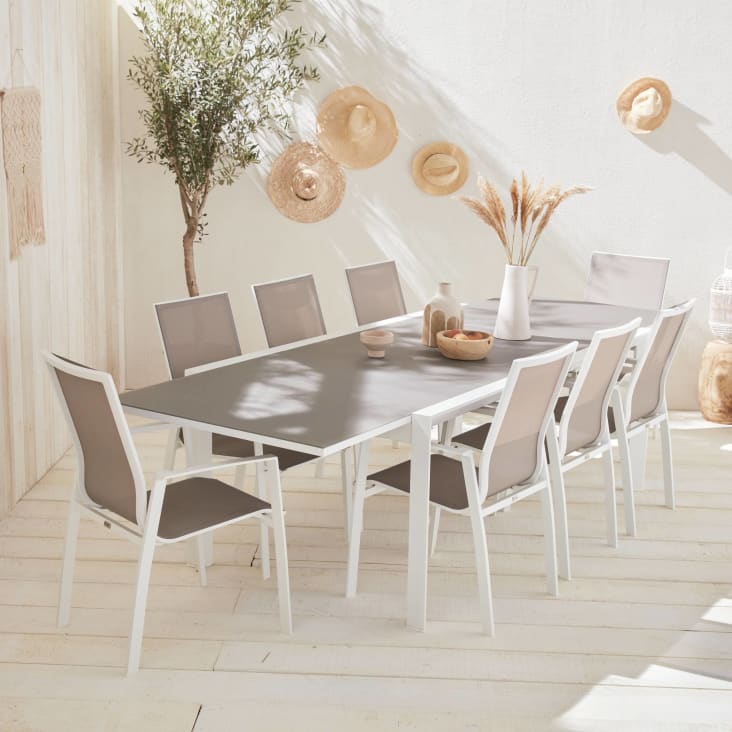 Salon de jardin blanc et taupe en aluminium table et 8 fauteuils-Washington cropped-2