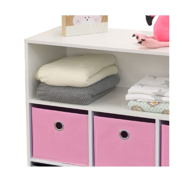 Meuble de rangement chambre enfant blanche avec 6 paniers rose et gris