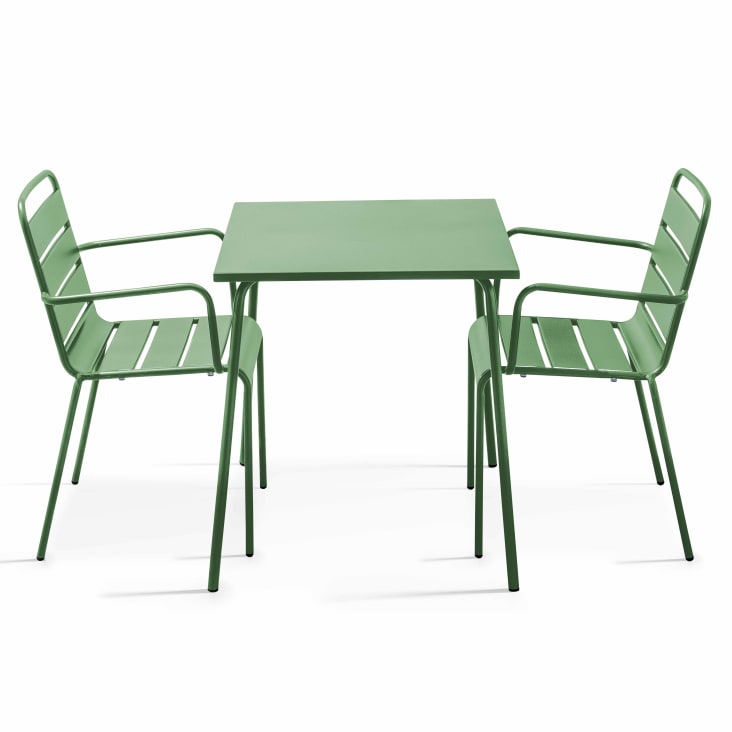 Ensemble table de jardin carrée et 2 fauteuils acier vert cactus-Palavas
