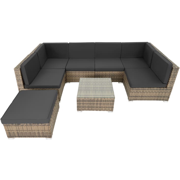 Salon Jardin Rotin Modulable 7 Pièces - Canapé, Fauteuils, Pouf Et Table Verre - Marron Naturel