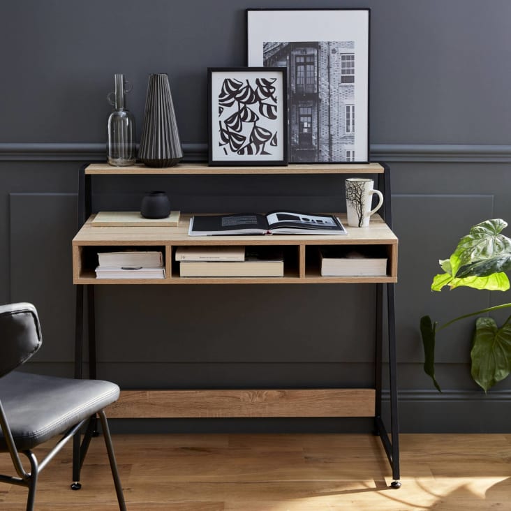 Bureau avec étagère 120 x 59 cm bois clair et noir GORUS 