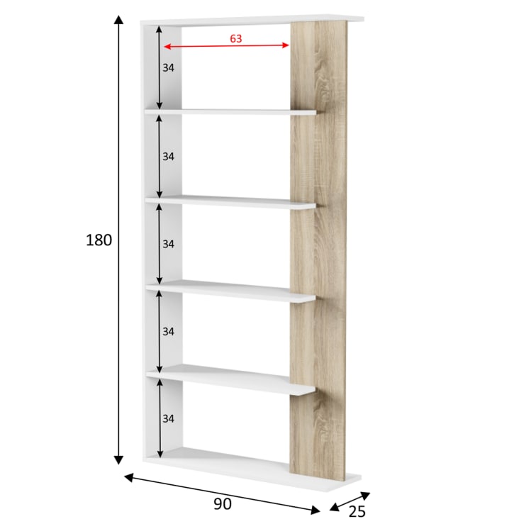 Estantería Alida alta de 5 estantes acabado blanco artic/roble, 180 cm(alto)90  cm(ancho)25 cm(fondo).