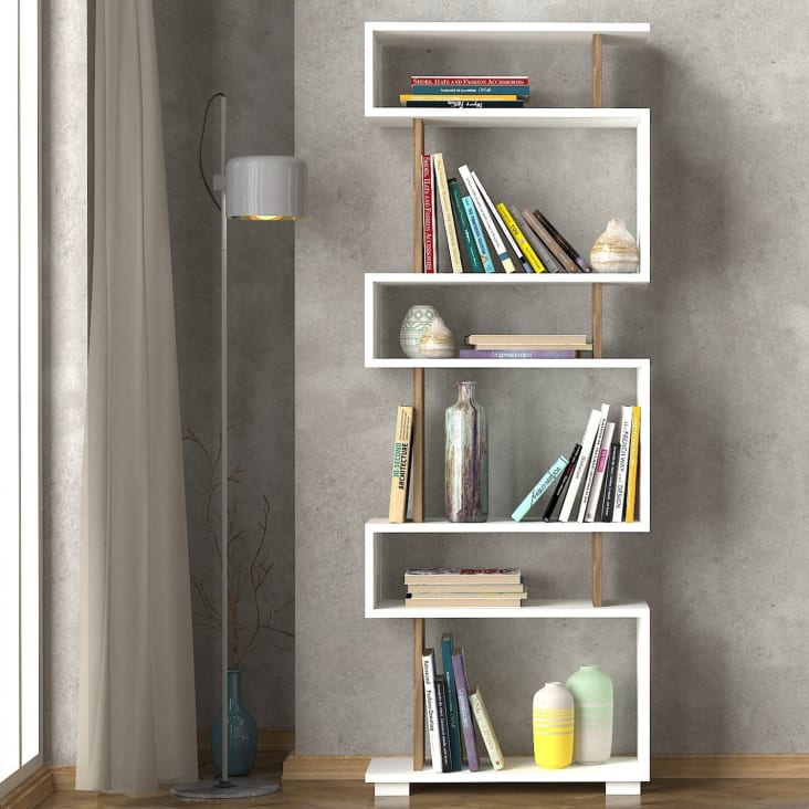 Bibliothèque étagère meuble de rangement design contemporain en S 4 étagères  60L x 24l x 148H cm chêne blanc - Achat & prix