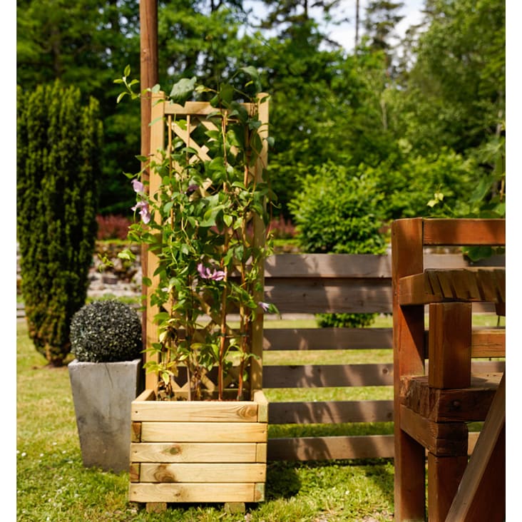 Bac à fleurs carré avec treillis droit en bois de pin cropped-2