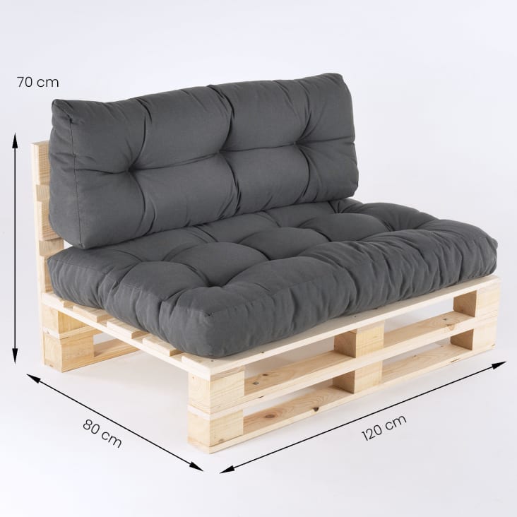 Sofá de palé y cojín de asiento y respaldo gris