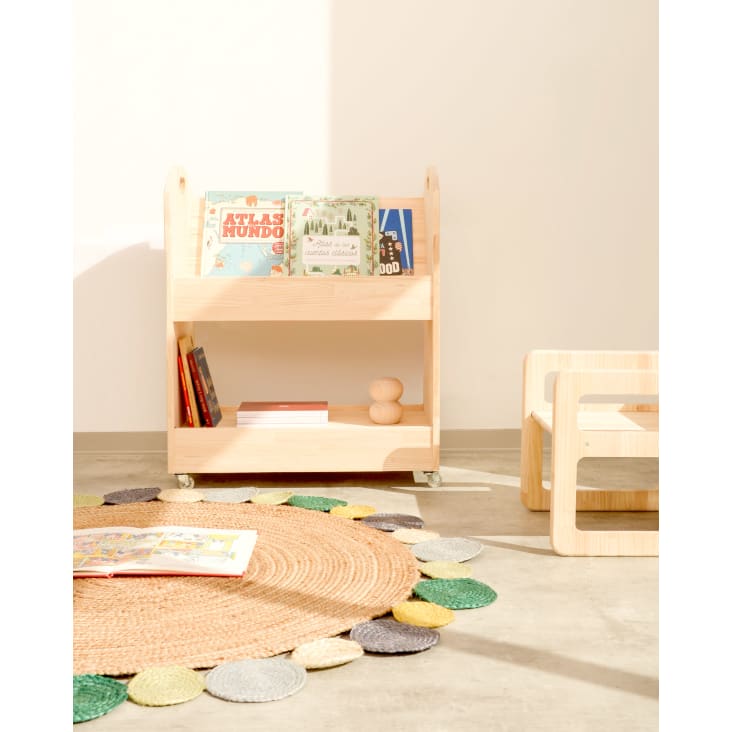 Libreria con ruote Montessori in pino massiccio color legno. MAX