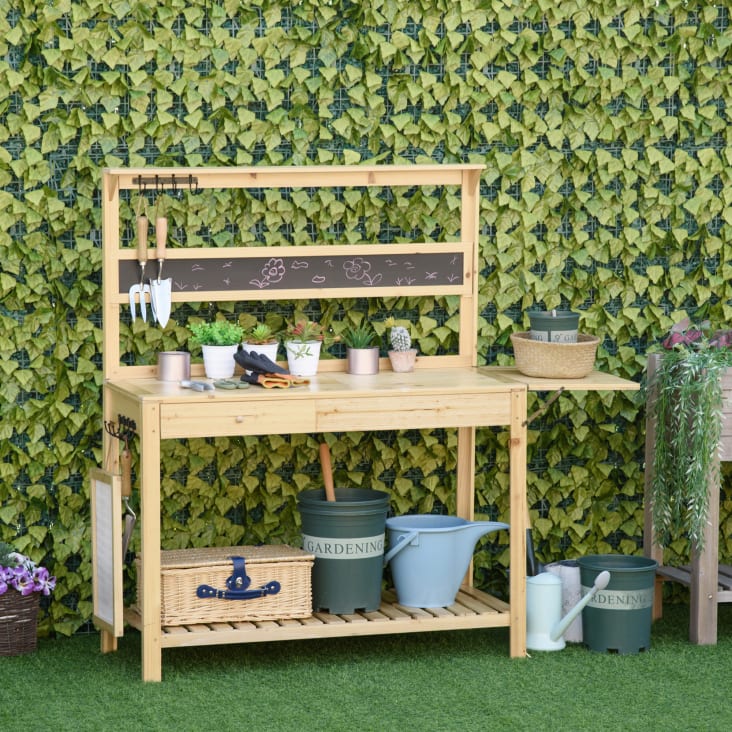 Table de rempotage jardinage - 2 étagères 3 crochets outils plateau tôle  acier galvanisé avec rebord - bois sapin pré-huilé