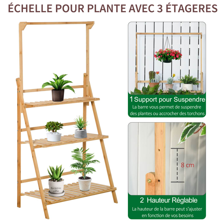 Étagère à plantes pliable - 3 étagères, barre de suspension - bambou