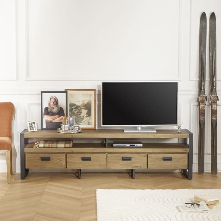 Meuble TV en pin massif et métal 120 cm INDUS, mobilier de salon