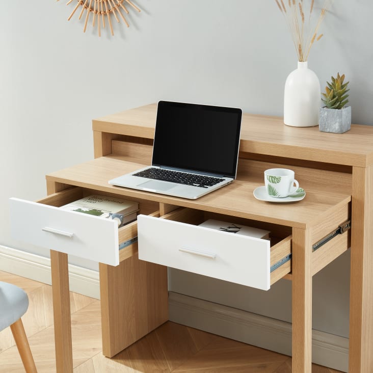 Bureau extensible blanc et effet chêne 2 tiroirs bois clair et blanc Studio