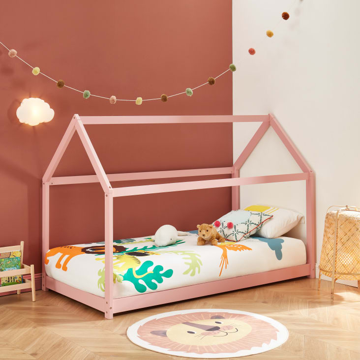 Lit cabane enfant avec sommier Cadre de lit d'enfant 90 x 200 cm rose  couronne