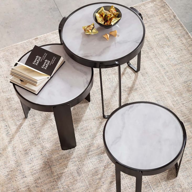 3 tables basses en verre effet marbre blanc et acier noir-Perelli cropped-2