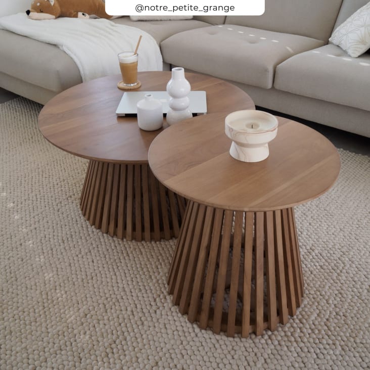 Tavolino Rotondo 80 Cm In Acacia Naturale Con Piano In Travertino Karan