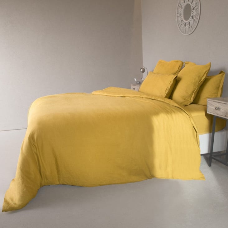 Lenzuolo con angoli lino lavato 200x200x40 giallo senape HORTENSE