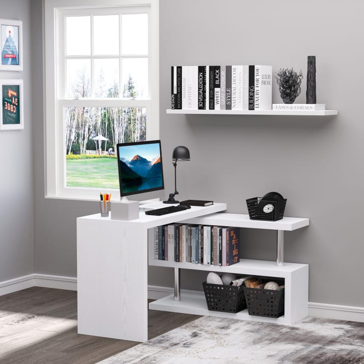 Escritorio de oficina en casa para espacios pequeños, escritorio blanco con  soporte de impresora esquinero, 2 cajones de almacenamiento, escritorio de