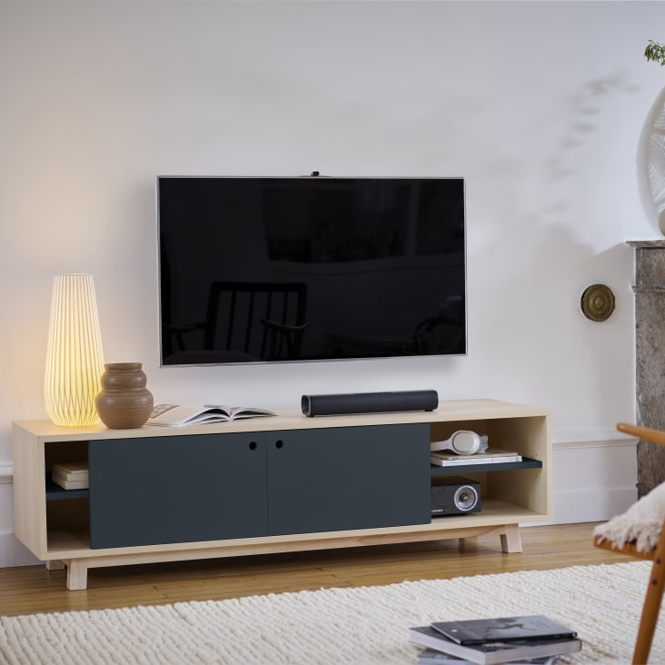 Mueble TV de 160 cm con 2 cajones y 2 puertas correderas - Negro y Natural