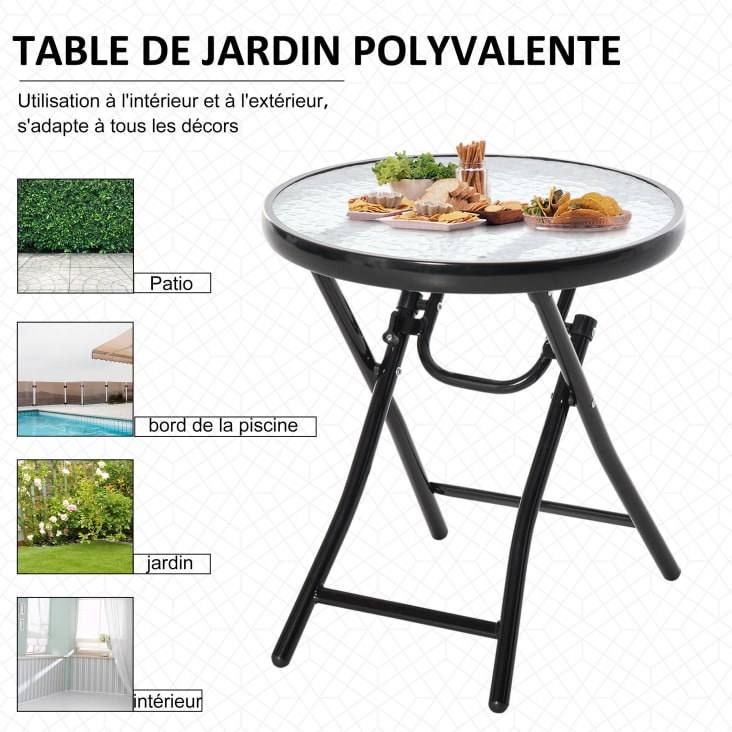 Table basse ronde bistro de jardin pliable métal plateau verre trempé cropped-5