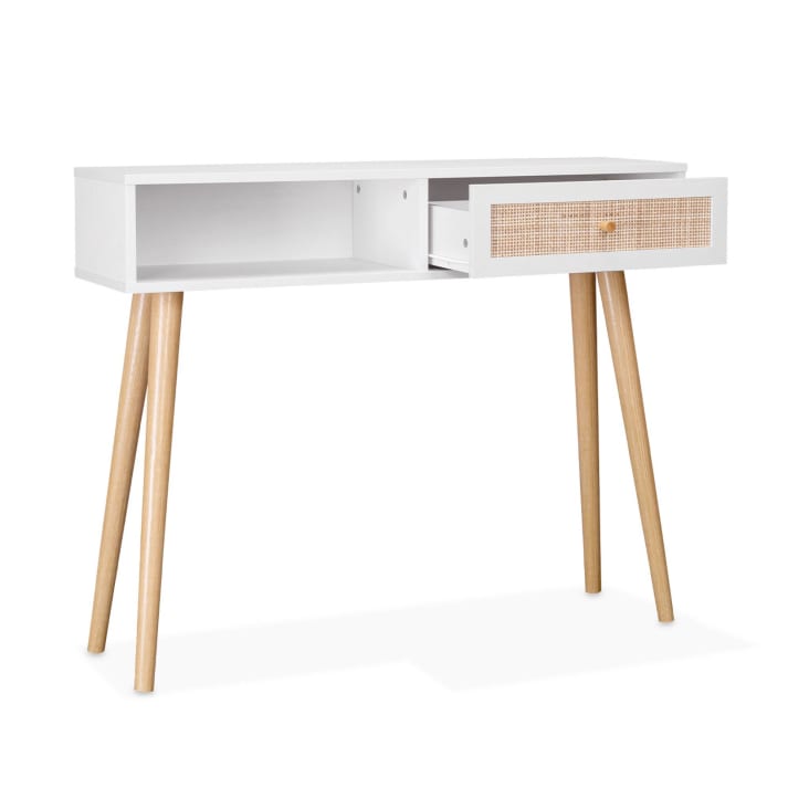 Console blanche 2 tiroirs cannage naturel
