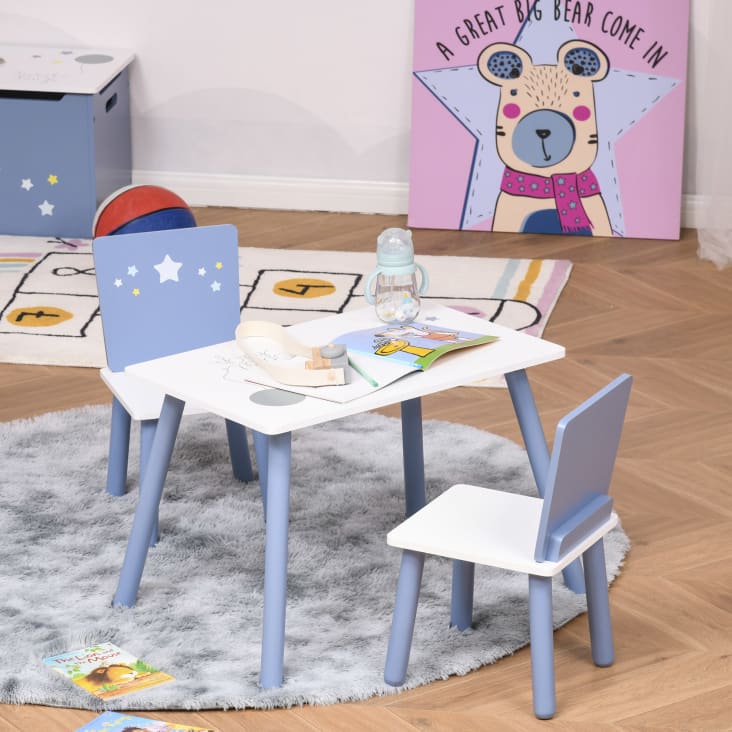 Set 3 Pezzi Tavolo con Sedie Bambini in Legno Azzurro e Bianco