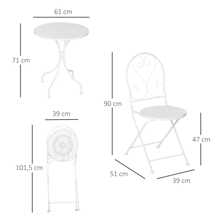 Ensemble jardin bistro 3 pièces 2 chaises pliantes table métal blanc cropped-3