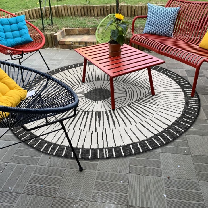 Alfombra redonda de exterior, kilim reversible negro y crema ø160cm Ex1